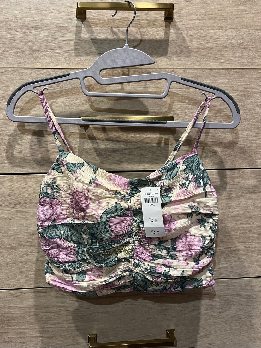 Abercrombie & Fitch Cream Floral Ruched Spaghetti Strap Crop Top